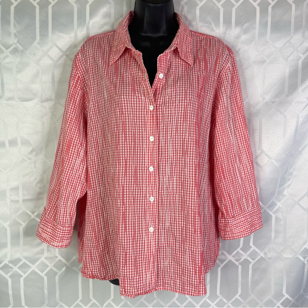 Foxcroft Red Checkered Gingham Button Down 3/4 Sleeve Shirt Size 18